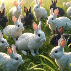 Placeholder
A group of rabbits, mostly white with some black ones mixed in, stand in tall green grass. The photo is intended for submission to Adobe Stock.