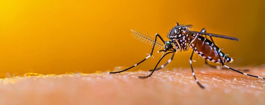 Mosquito Piercing Human Skin Macro Close Up Exotic Insect Biting Host with Yellow Gradient Background