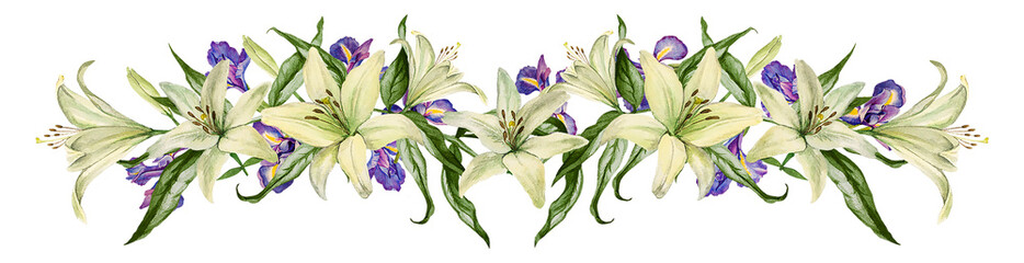 Horizontal border of white lily and blue iris flowers. Watercolor composition for wedding decor, greeting cards and prints.