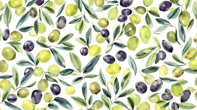 Hand-Drawn Watercolor Olives Seamless Pattern on White Background
