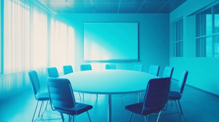 A blue room with a white board and a table with chairs around it
