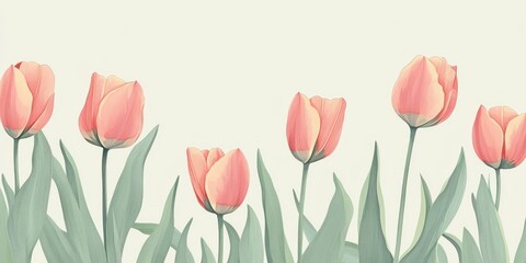 Obraz premium Tulip border on green pattern with flat s in redgreen