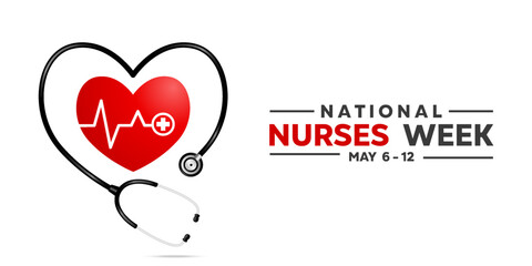 May is National Nurses Week. Heartbeat and stethoscope. Great for posters, banners, social media and more. White background.