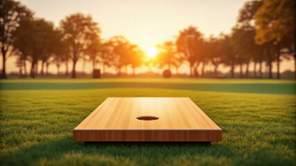 Wooden Cornhole Board on Grass at Sunset with Trees