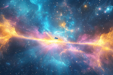 Obraz premium A cosmic 3D background of an expansive intergalactic nebula swirling with vibrant shades of blue, pink, and gold. Distant stars twinkle against the backdrop of cosmic dust, and a solitary spaceship