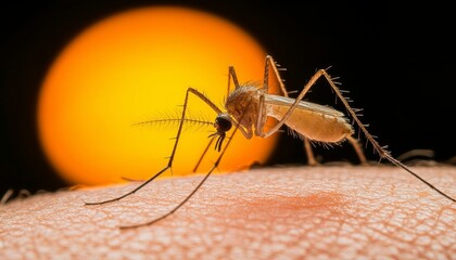 Mosquito on Skin Biting in Sunlit Environment Depicting Disease Threat and Health Risk Awareness