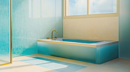 A high-end coastal bathroom featuring frosted aqua glass walls
