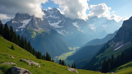 Fototapeta premium Mid-day over the Bernese Alps, Switzerland, under cloudy skies. Soft light diffuses over the rolling peaks, adding depth to the majestic scenery.