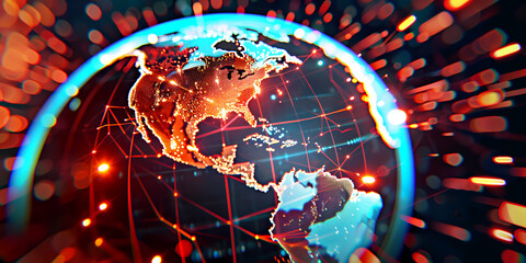 Cyber war attack on America, hacking security warning on globe, economic crisis, cyberspace vulnerability