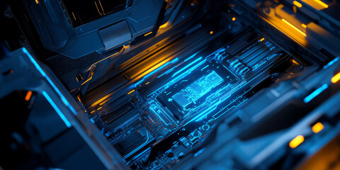 A high-tech 3D background showcasing an illuminated motherboard with electric blue circuits running across its surface. The intricate details emphasize the theme of advanced computing.