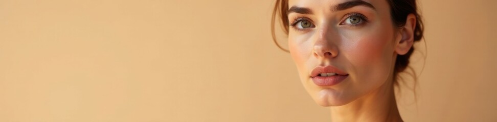 Fototapeta premium Stunning woman with flawless complexion and elegant eyes on a soft beige backdrop , elegance, glamour