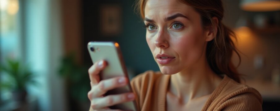 Stunning woman gestures towards her mobile phone with a puzzled expression on her face , blank screen, expression, gestures