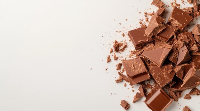 Various crumbled chocolate squares are artistically arranged on a minimalistic white backdrop, highlighting the chocolate's natural allure and inviting indulgence.
