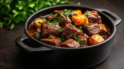 This flavorful beef stew showcases tender meat and fresh vegetables, offering a visually appealing and comforting scene that epitomizes home-cooked meals shared with loved ones.
