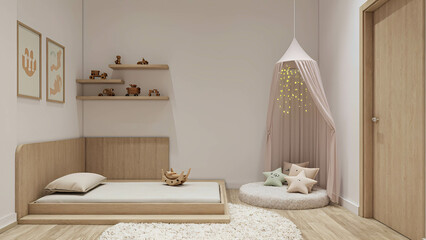 A minimalist children’s bedroom with a low wooden bed, soft neutral-toned rugs, and open shelves with carefully placed wooden toys