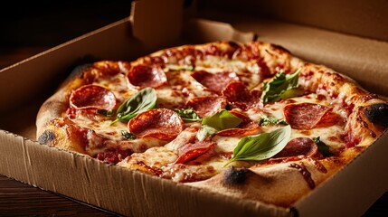 A mouthwatering pepperoni pizza in a takeout box showcasing cheese, toppings, and fresh basil, perfect for a quick meal or sharing with friends on pizza night.
