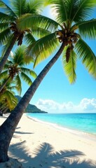 Fototapeta premium Sunny beach with palm trees swaying in ocean breeze, tropical, palm