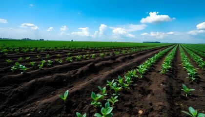 Obraz premium Agricultural Field, Rows of Crops, Soil, Plants