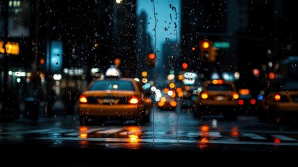 Obraz premium A mesmerizing view of a bustling cityscape through a rain-soaked window, capturing the essence of urban life with blurred lights and yellow taxis in motion.