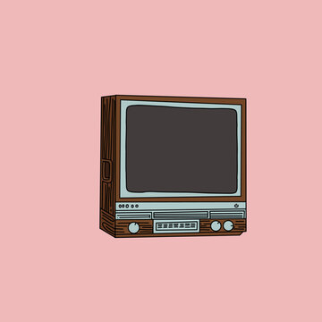 Isolated Hand-drawn Illustration of a Retro Television Broadcast on Pink Background. Communication and Technology Vintage Icon Concept