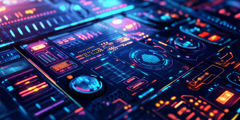 A high-tech 3D background featuring a futuristic control panel with illuminated buttons, holographic displays, and digital interfaces. The intricate details and glowing neon accents convey an advanced