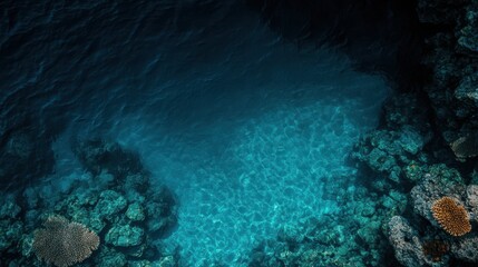 Obraz premium The mesmerizing view of crystal clear waters over a coral reef reveals the vibrant underwater life and serene beauty of marine ecosystems, fostering a sense of peace and wonder.