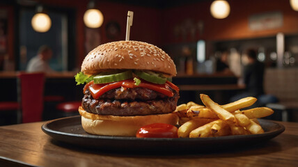 Close-up of a juicy beef burger, French fries, and a glass of beer. The concept of fast food and fast food.