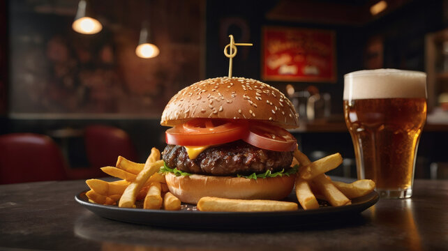 Close-up of a juicy beef burger, French fries, and a glass of beer. The concept of fast food and fast food.