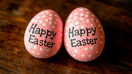 Bright pink eggs adorned with white polka dots and Happy Easter message on them
