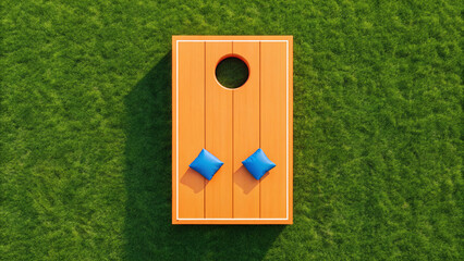 Cornhole Board with Blue Bean Bags on Grass Field