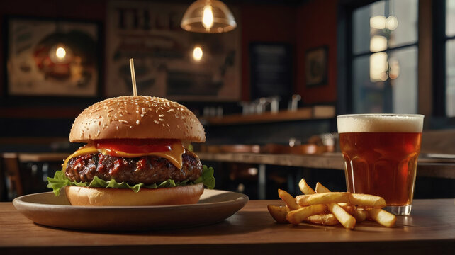 Close-up of a juicy beef burger, French fries, and a glass of beer. The concept of fast food and fast food.