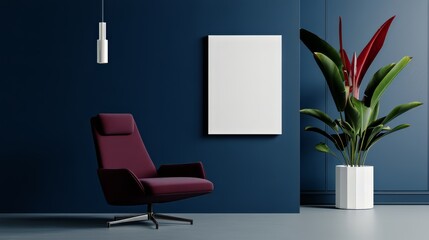 modern dark interior with purple armchair, blue walls, mockup blank poster frame, and pendant light  
