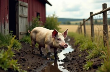 Cute piglet on muddy path in rustic countryside farm with red barn and scenic mountain background