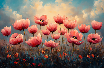 Fototapeta premium Vibrant Pink Flower Field Under a Cloudy Blue Sky