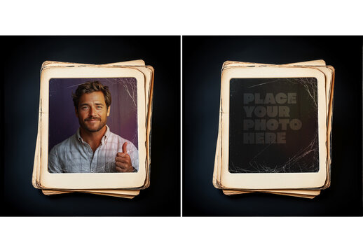 Retro Polaroid Photo Frame Mockup &ndash; Vintage Stack Layout on Dark Background for Nostalgic Designs