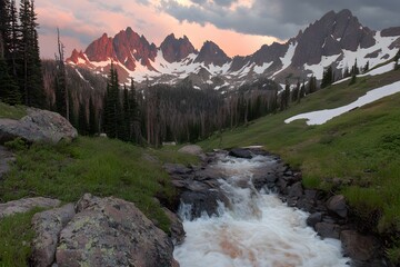 Majestic Mountain Stream at Sunset