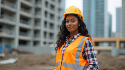 black woman on a construction site with a helmet and construction vest

