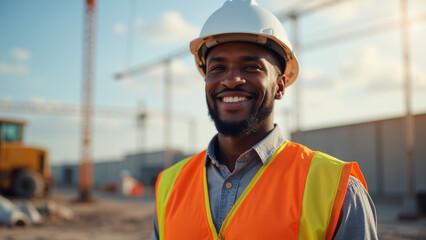 African American man on a construction site with helmet and construction vest
