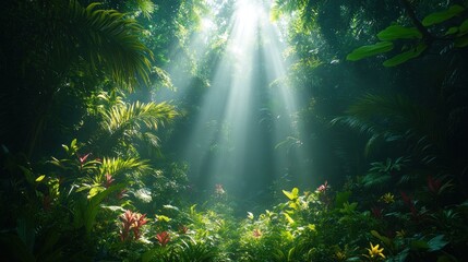 Obraz premium Sunlight streams through lush tropical jungle foliage
