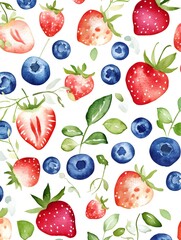 Watercolor Seamless Pattern featuring Vibrant Strawberries and Blueberries with Green Leaves