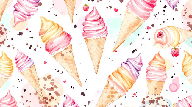 Watercolor pattern ice cream white background