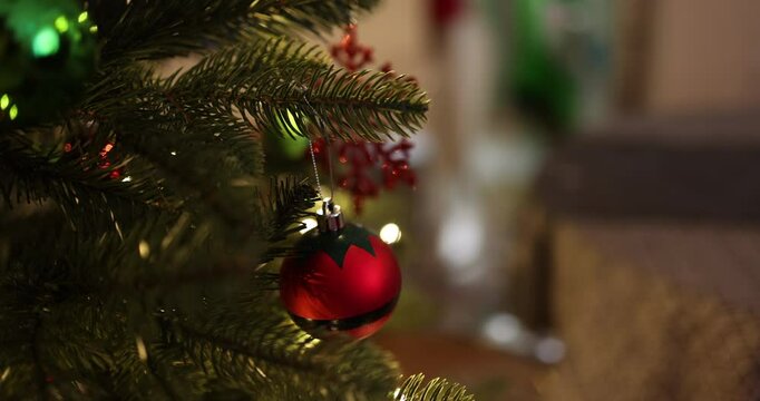 Red Bauble on Christmas Tree Branch with Cozy Interior Background