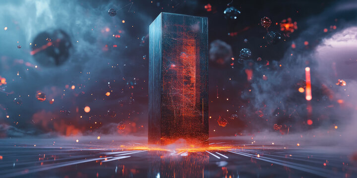 A futuristic 3D background showcasing a levitating monolith surrounded by floating energy particles. The sci-fi aesthetic suggests extraterrestrial intelligence and ancient advanced civilizations.
