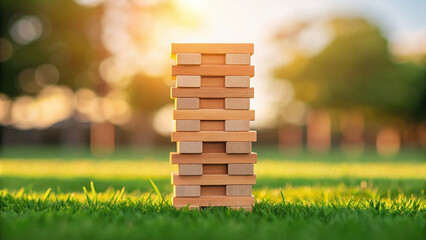 Outdoor Jenga Tower on Grass at Sunset