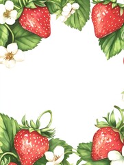 Watercolor frame with blooming strawberries creating a white background