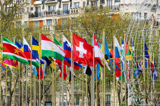 Flags of all nations at UNESCO (United Nations Educational Scientific and Cultural Organization) headquarters in Paris, France