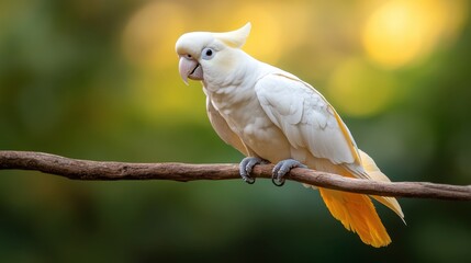 A stunning white cockatoo with a yellow tail rests on a rustic branch, showcasing its elegant posture and vibrant colors against a soft, blurred green background of nature.
