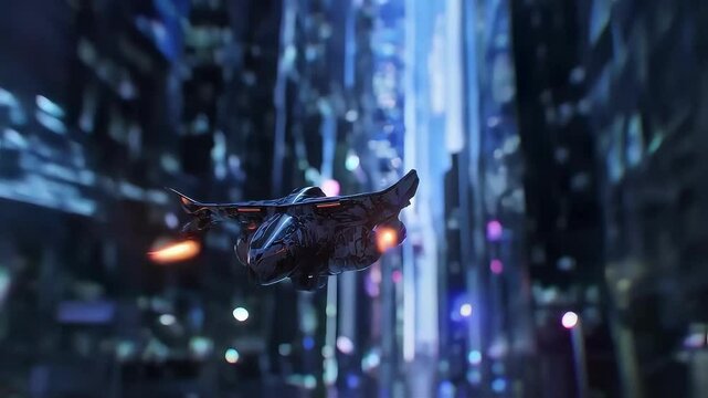 Futuristic flying vehicle speeding through a vibrant neon cityscape.