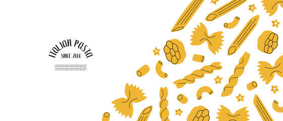 Banner of different sorts of pasta. Macaroni, farfalle, penne, fusilli, stelline, ruote, ditalini. Traditional Italian food. Various noodles types. Vector flat cartoon illustration