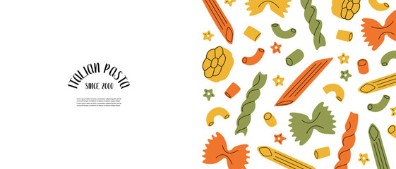Banner of different sorts of colorata pasta. Macaroni, farfalle, penne, fusilli, stelline, ruote, ditalini. Traditional Italian food. Various noodles types. Vector flat cartoon illustration